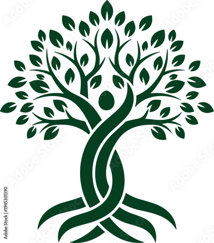 Green Tree of Life Logo Vector Illustration with Human Figure and Roots Symbol of Growth and Harmony