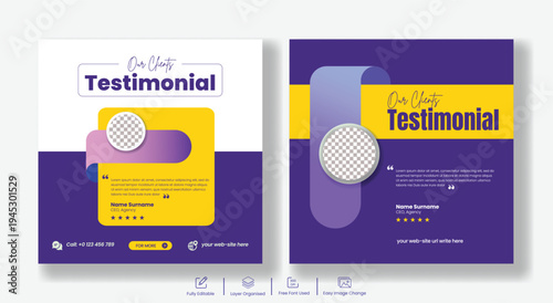 Professional customer feedback testimonial banner template for social media marketing, client satisfaction promotion, five star review showcase, business rating advertising layout for brand trust