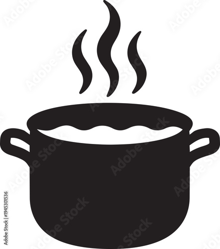 Stewpan with hot steam representing cooking boiling food pot graphic vector symbol isolated flat style illustration