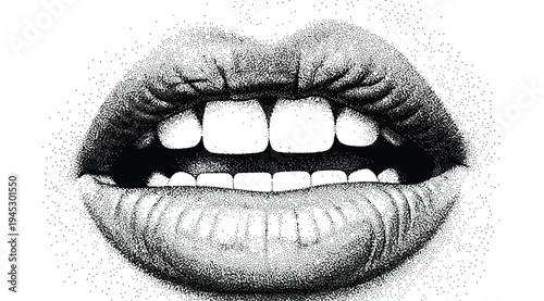 A black and white illustration of a womans lips and teeth smiling slightly isolated on white background