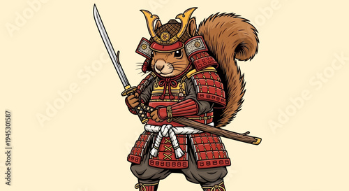 A cartoon squirrel warrior stands proudly in traditional samurai armor holding a sword.