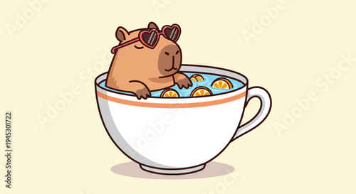 A capybara wearing sunglasses relaxes in a teacup filled with water and floating flowers indoors.