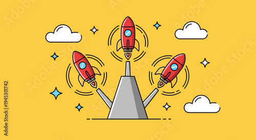 Three rockets launch simultaneously from a launchpad into cloudy skies with sparks