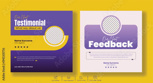 Modern customer review and testimonial social media marketing template with happy customers concept, five star review promotion banner, business rating design, brand trust advertising post