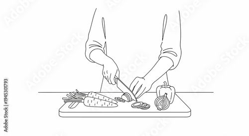 Vector illustration of hands cutting food on a cutting board isolated on White Background