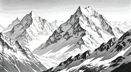 Black and white illustration of snow covered mountain range landscape with peaks and slopes