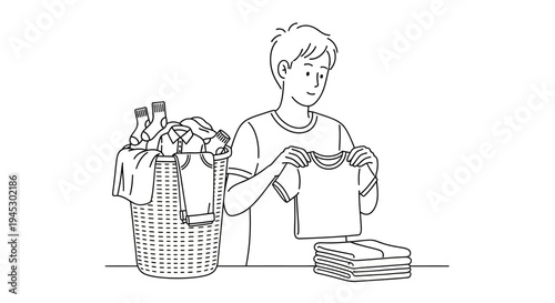 Vector illustration of a man folding laundry isolated on White Background