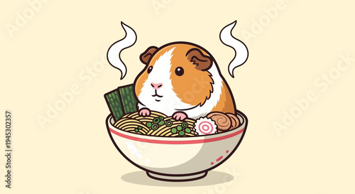 Guinea pig eats noodles from a steaming bowl on a table indoors.