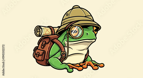 A green frog wearing a khaki hat and backpack sits outdoors with goggles on.