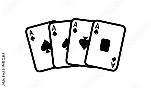 Four aces playing cards doodle vector illustration black line art isolated on transparent background