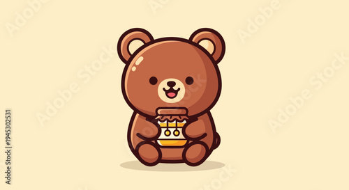 A cute brown bear cub happily holds a honey jar indoors.