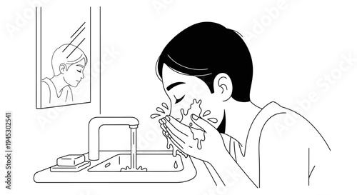 Vector illustration of a woman washing her face isolated on White Background