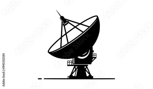 Satellite dish radar flat vector icon black silhouette isolated on transparent background for technology design