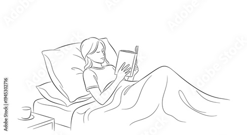 Vector illustration of woman reading on bed with tablet isolated on White Background