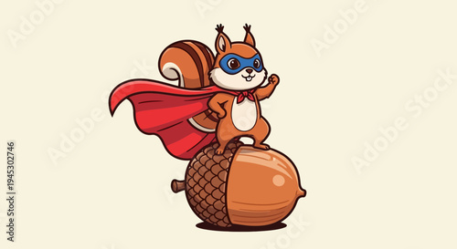 A cartoon squirrel wearing a cape and mask stands on an acorn heroically.