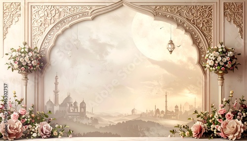 Ornate architectural arch frames a misty cityscape with flowers and moonlit sky