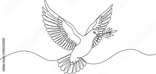 Continuous line drawing of flying peace dove with olive branch, bird silhouette vector for hope, freedom, and spiritual harmony concept