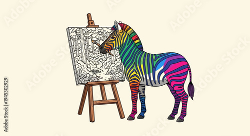 A colorful zebra painting on an easel in a studio with vibrant colors and artistic expressions.