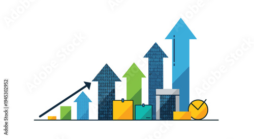 A dynamic bar chart with multiple ascending arrows, some with binary code, rises on a white background.
