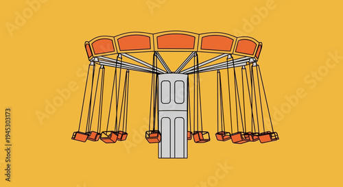 A vibrant illustration of a spinning carnival ride with orange seats swings rapidly.