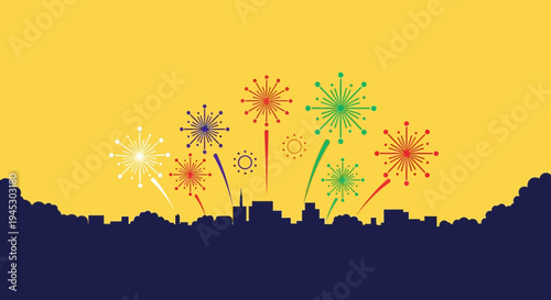 Fireworks explode above city skyline at sunset celebration