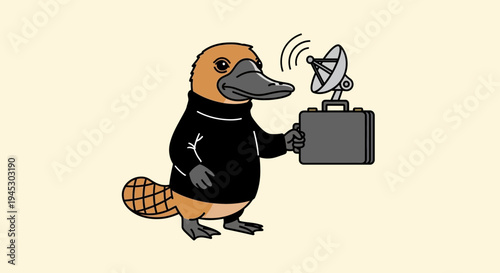 A cartoon platypus holds a briefcase with a satellite dish on top in a studio