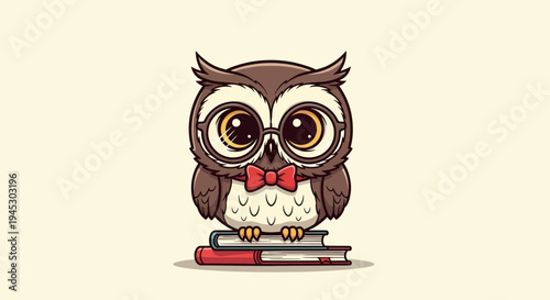 A cartoon owl wearing glasses and a bow tie sits on books.