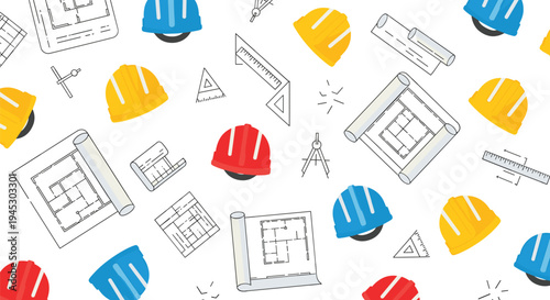 A seamless pattern of red, blue, and yellow hard hats with architectural blueprints and tools.