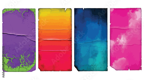 Four colorful abstract rectangles with textured effects isolated on white background