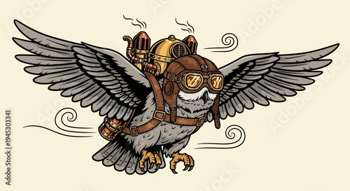 A steampunk owl flies through the air with goggles on.