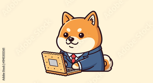 A Shiba Inu dog in a blue suit and red tie works on a laptop.