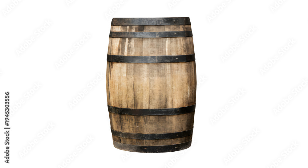 Obraz premium A rustic wooden barrel with metal hoops on isolated transparent background