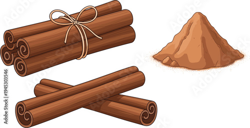 Cinnamon sticks bundle with ground cinnamon powder vector illustration aromatic spice ingredient for cooking baking natural seasoning collection