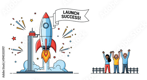 A blue and red rocket launches from a pad while three people cheer on the right.