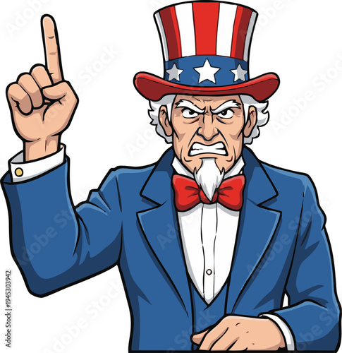 Angry Uncle Sam Character Pointing Finger Upwards Expressing Displeasure or Warning