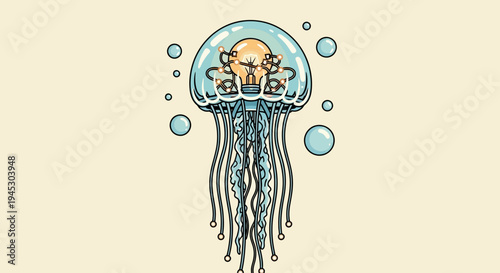 A colorful illustration of a jellyfish with tentacles and bubbles floats in the water.