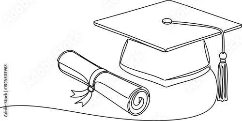 Continuous line drawing of graduation cap and diploma scroll, education success concept, minimalist vector illustration for academic achievement and university commencement.