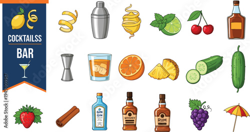 Cocktail Bar Ingredients and Tools Vector Set Liquor Bottles Fruits Citrus Mint Glasses Garnish Icons for Drink Menu Design