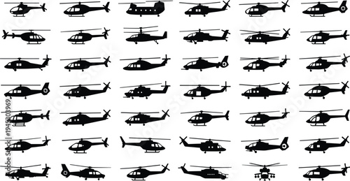 Helicopter silhouette collection vector illustration, multiple helicopter types and angles aviation aircraft icons set isolated on white background