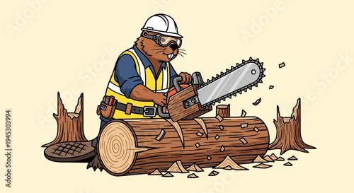 A bear in safety gear operates a chainsaw on a large log outdoors with stumps.