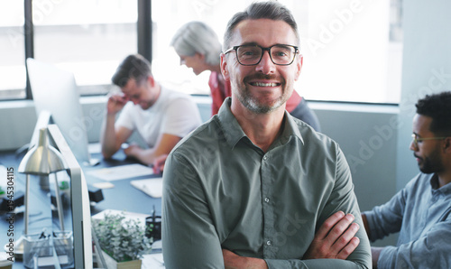 Tableau sur toile Creative, man and happy with arms crossed in office for journalism, career pride or about us
