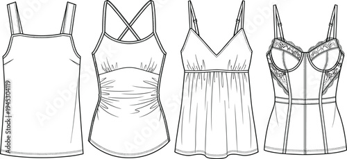 Women lingerie camisole and corset tops vector illustration, fashion sleepwear and undergarment design set with lace details technical drawing