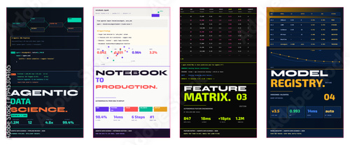 Agentic data science poster design, AI data magazine cover, machine learning advertisement layout, data pipeline brochure template, ML engineer flyer, data analytics editorial, premium data marketing 