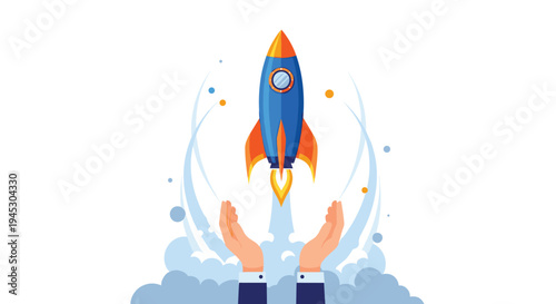 A blue and orange rocket launches upwards, supported by two hands.