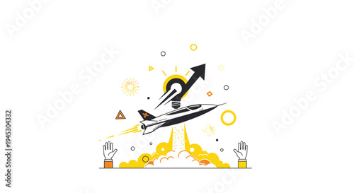 A black and yellow rocket takes off with a lightbulb and arrow above it.