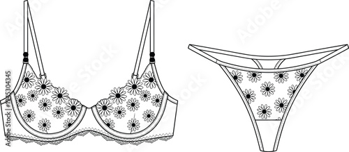 Floral lingerie set vector illustration, women bra and thong underwear with daisy flower pattern lace trim fashion technical drawing