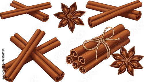 Hand Drawn Cinnamon Sticks and Star Anise Spice Set Isolated Aromatic Baking Ingredients Illustration for Food Packaging Recipes Herbal Design