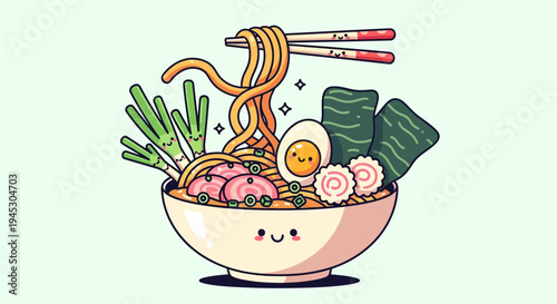 Delicious cartoon ramen bowl with chopsticks isolated on light background