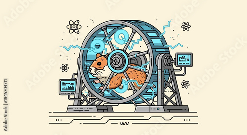 A futuristic hamster runs rapidly on a large wheel with digital screens and gears surrounding it in a science lab environment.