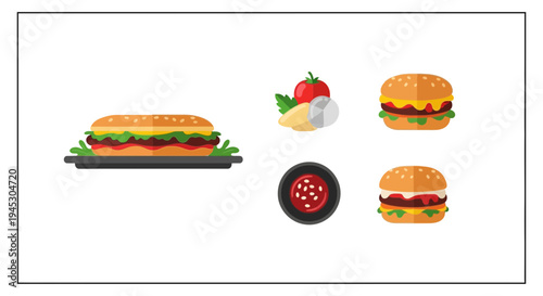 Delicious food illustration burgers sub tomatoes and sauce on white